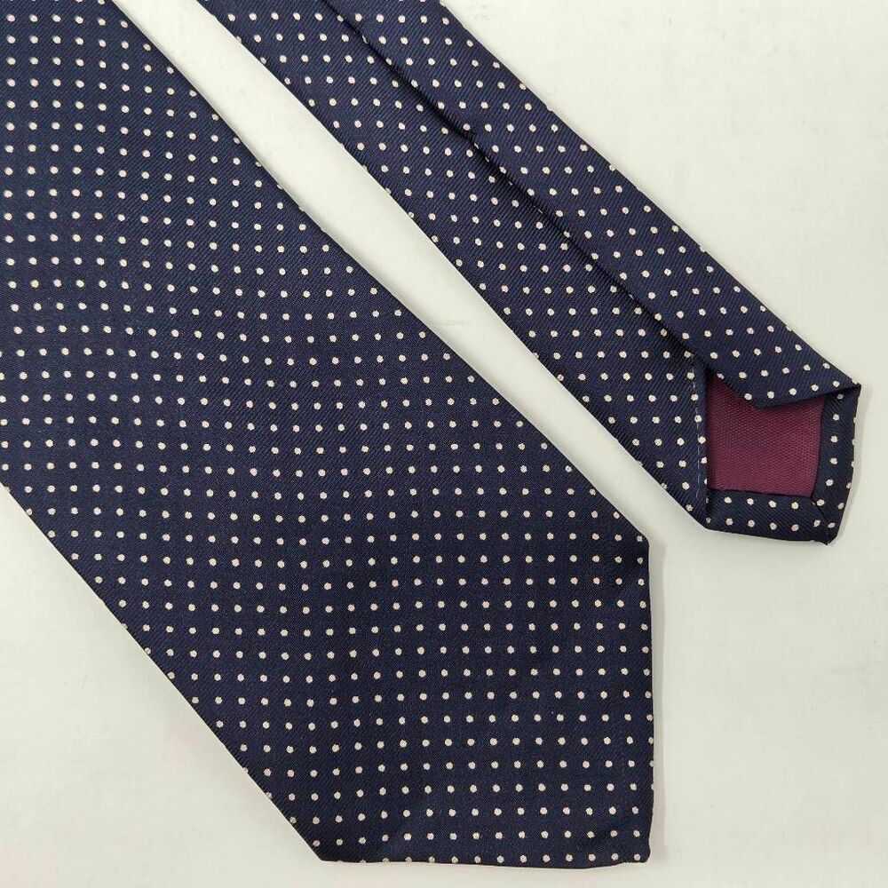 RENLEIGH SILK TIE NAVY BLUE CREAM MICRO POLKA DOTS SMOOTH 3.25" X 57"